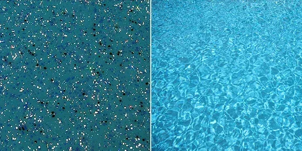 Aquamarine colour fibreglass pool gelcoat sample and water