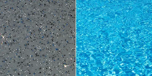Autumn Grey colour fibreglass pool gelcoat sample and water