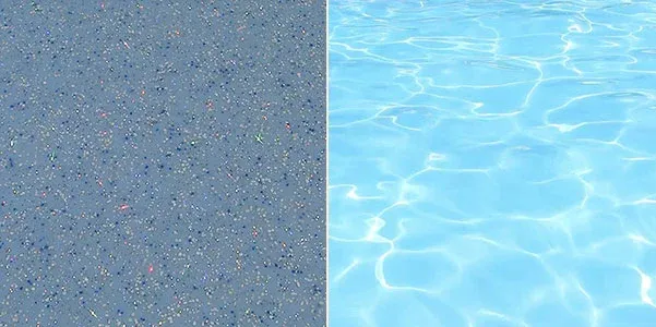 Hamptons Blue colour fibreglass pool gelcoat sample and water