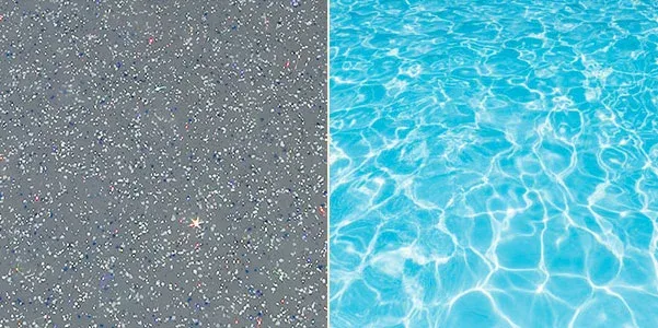 Platinum colour fibreglass pool gelcoat sample and water