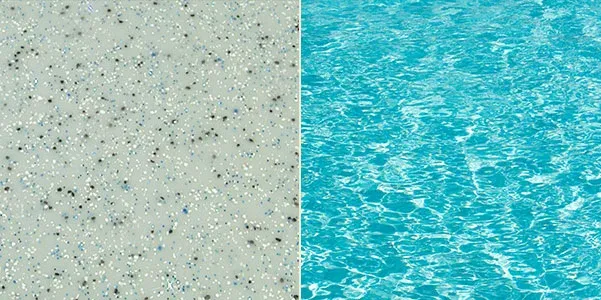 Silver Mist colour fibreglass pool gelcoat sample and water