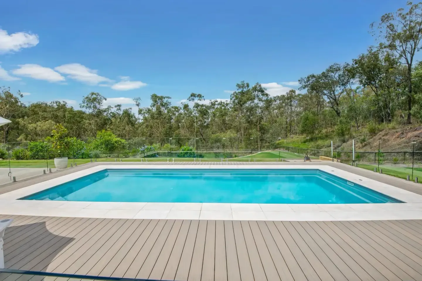 Fibreglass pool in Silver Mist colour — decked backyard pool, Brisbane (digital colour render)