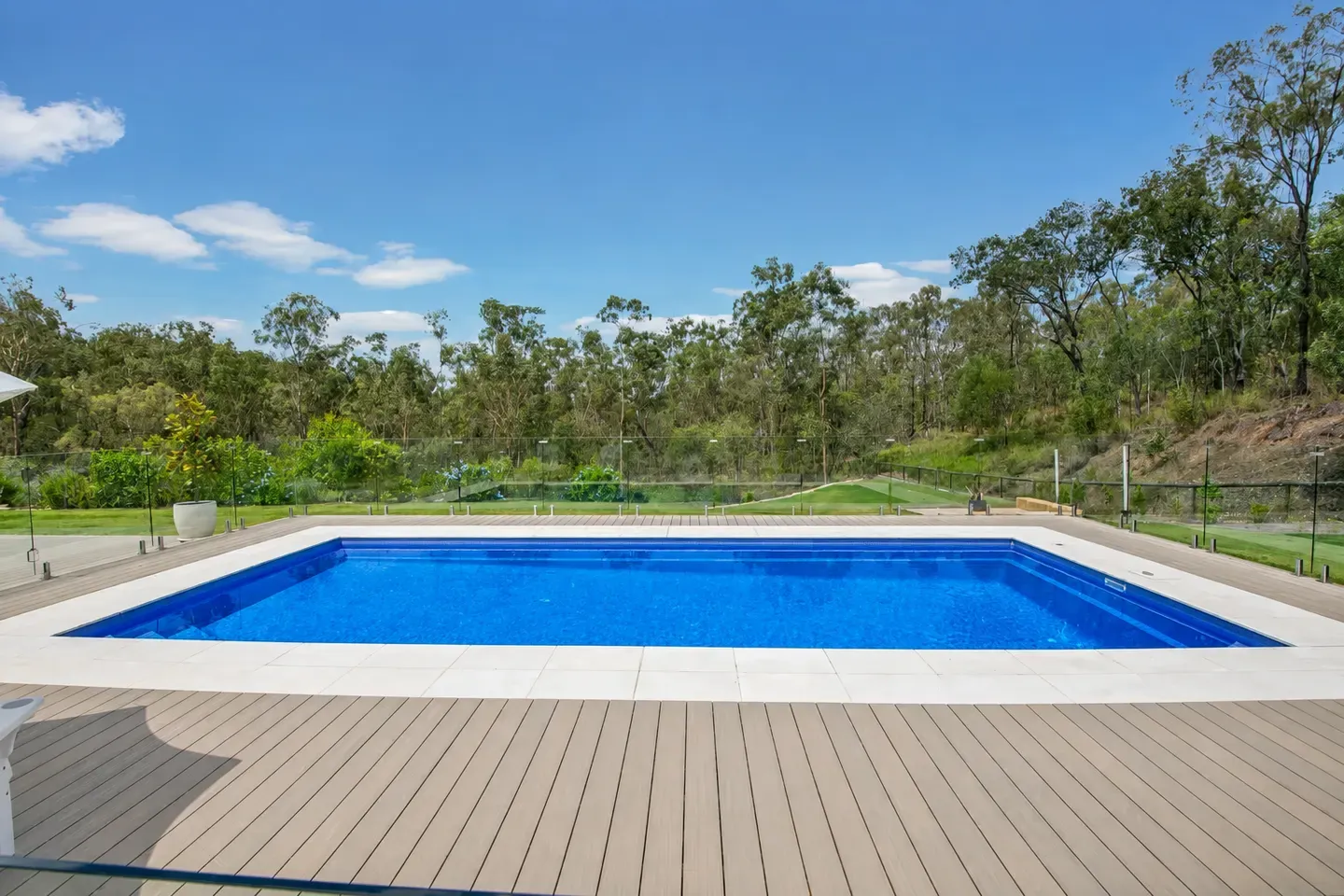 Fibreglass pool in Twilight colour — decked backyard pool, Brisbane (digital colour render)