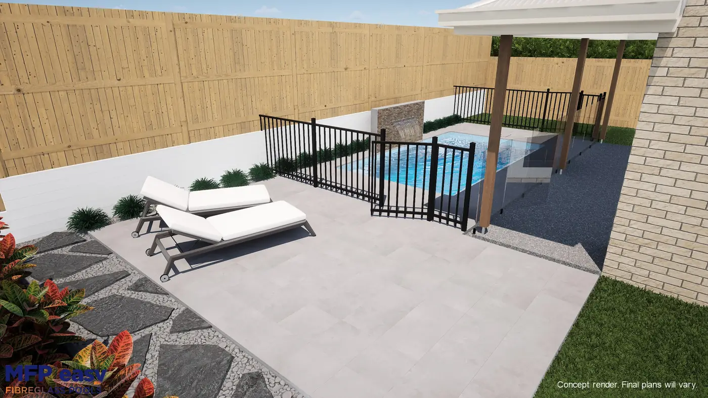 3D concept render of a Brisbane backyard with a fibreglass pool, stone-clad water feature wall and glass pool fencing