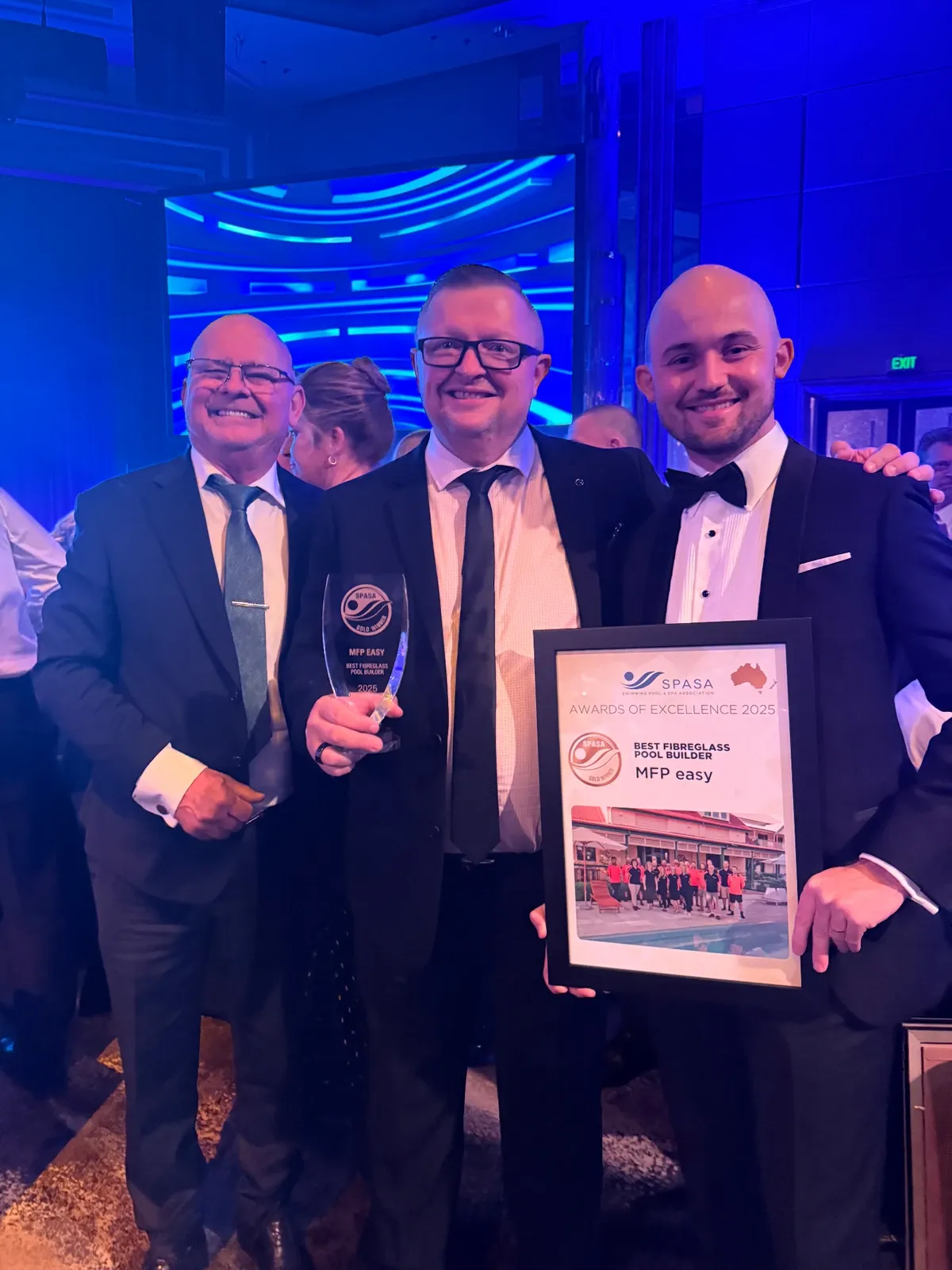 MFP Easy team receiving SPASA Best Fibreglass Pool Builder 2025 award