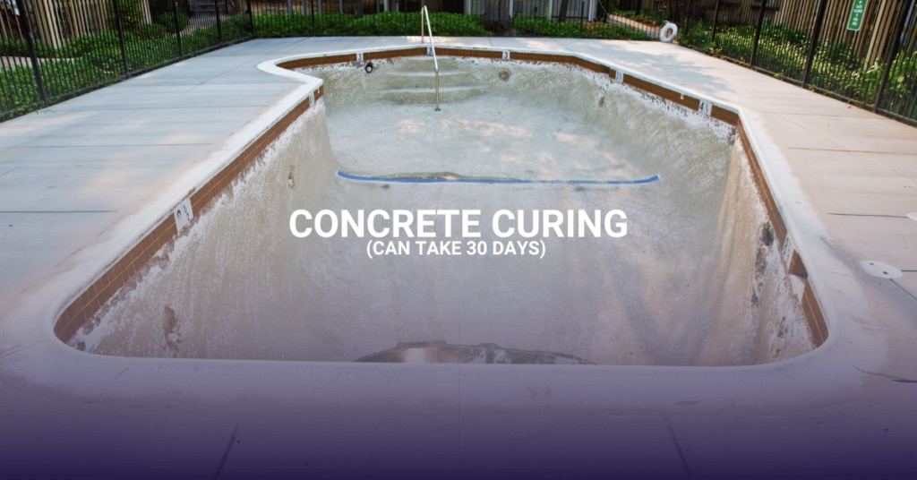 concrete pools require longer install times like in this image where curing is taking place. This can take upto 30 days for some pools.