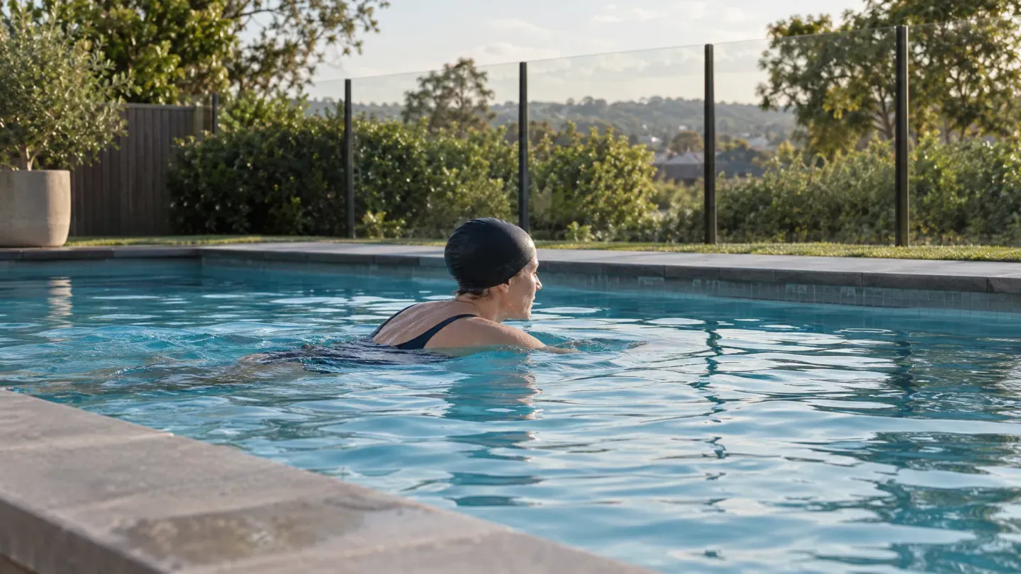 An adult swimming in a backyard pool in afternoon light — AI-generated visualisation.