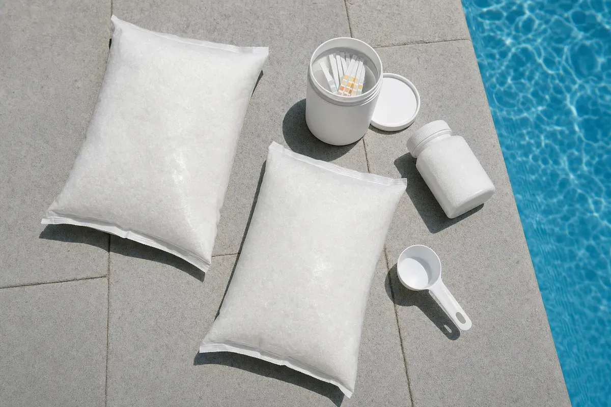 Mineral pool running supplies: two bags of mineral blend, a tub of test strips, pH adjuster and a scoop — AI-generated illustration