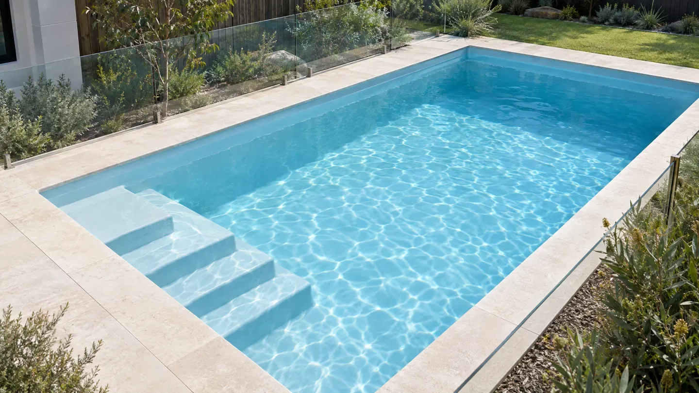 Rectangular fibreglass pool with submerged entry steps, pale coping and rippling water — AI-generated visualisation.