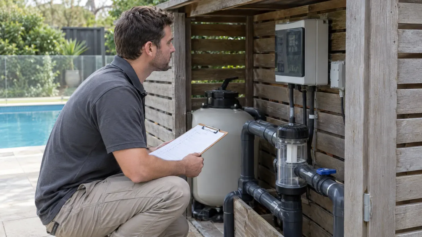 A technician visually inspecting an existing pool chlorinator with a clipboard — AI-generated illustration.