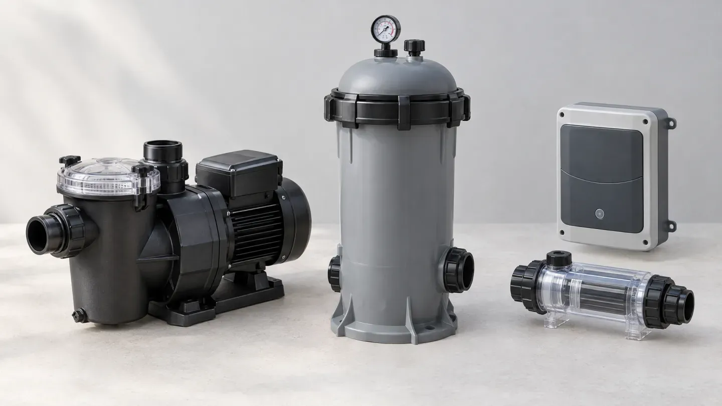 Unbranded pool pump, cartridge-filter housing and chlorinator components arranged separately — AI-generated illustration.