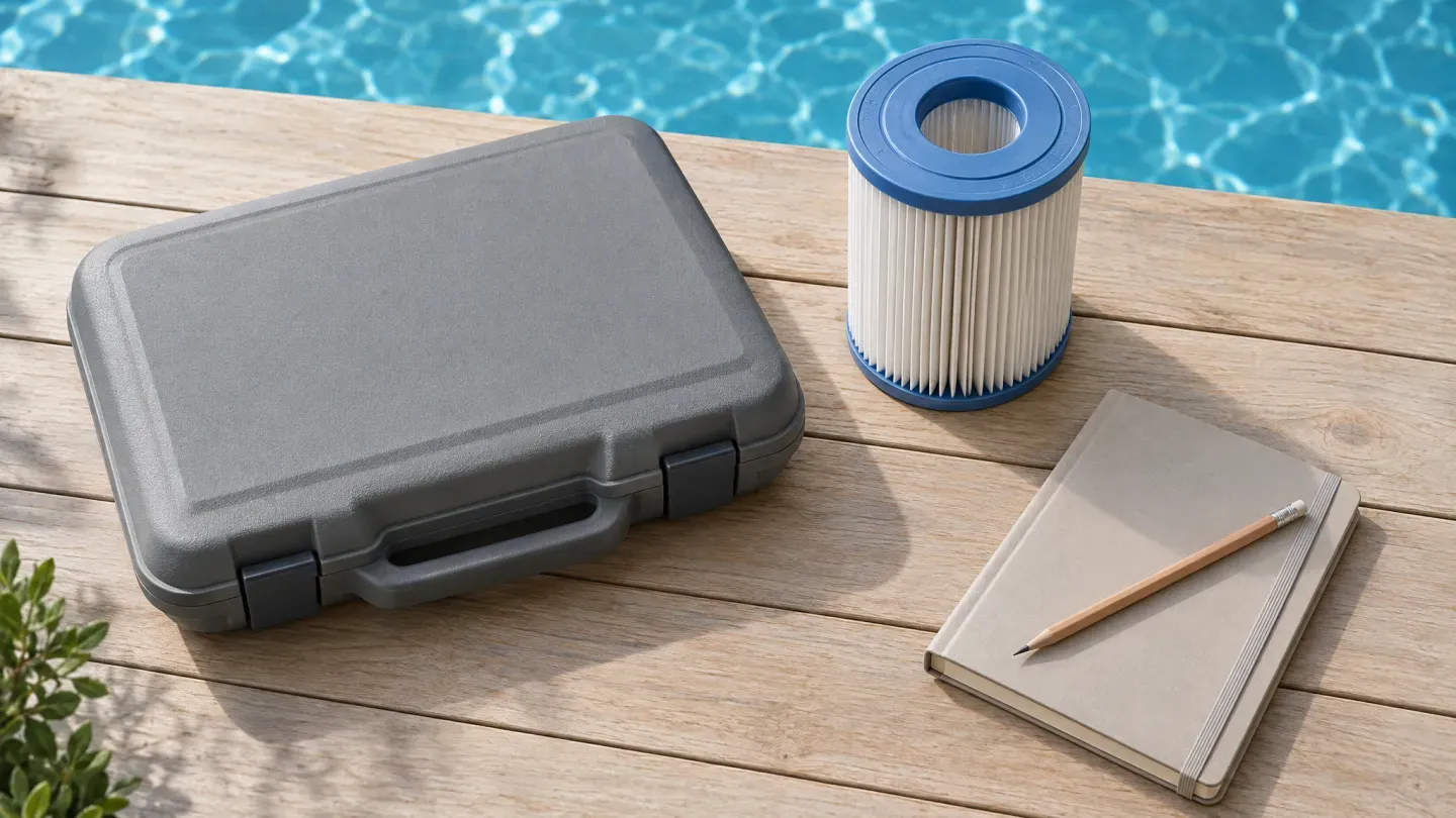 Filter cartridge, maintenance-kit case and notebook for pool-care planning — AI-generated illustration.