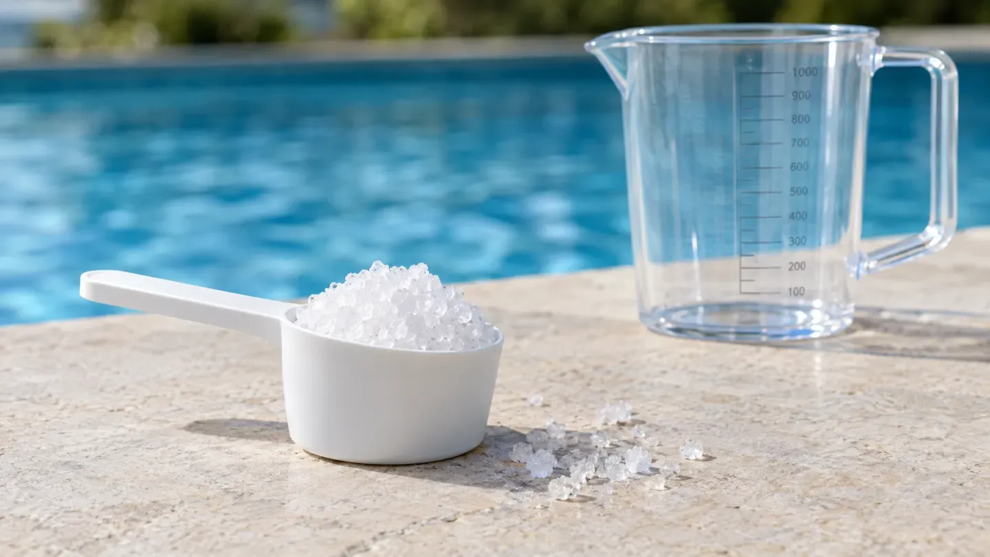 White mineral crystals in a measuring scoop beside a clear measuring jug — AI-generated illustration.