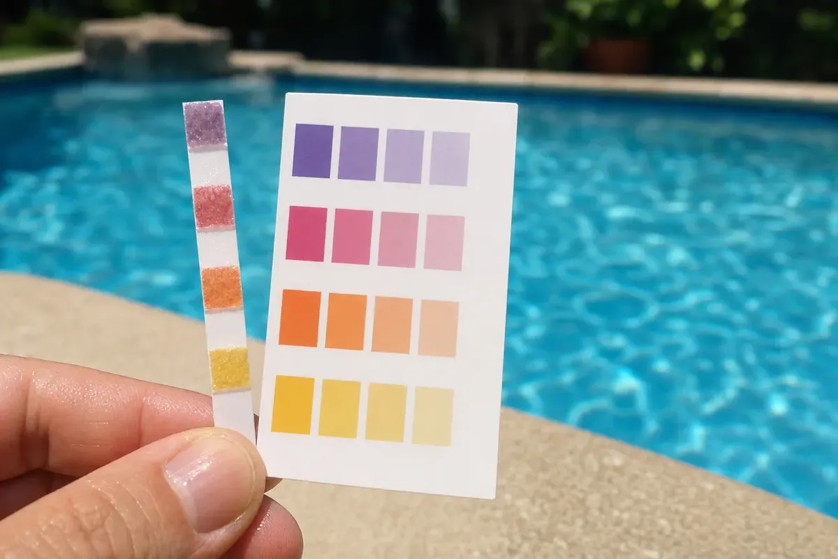 Pool test strip held beside its colour chart at the poolside — AI-generated illustration