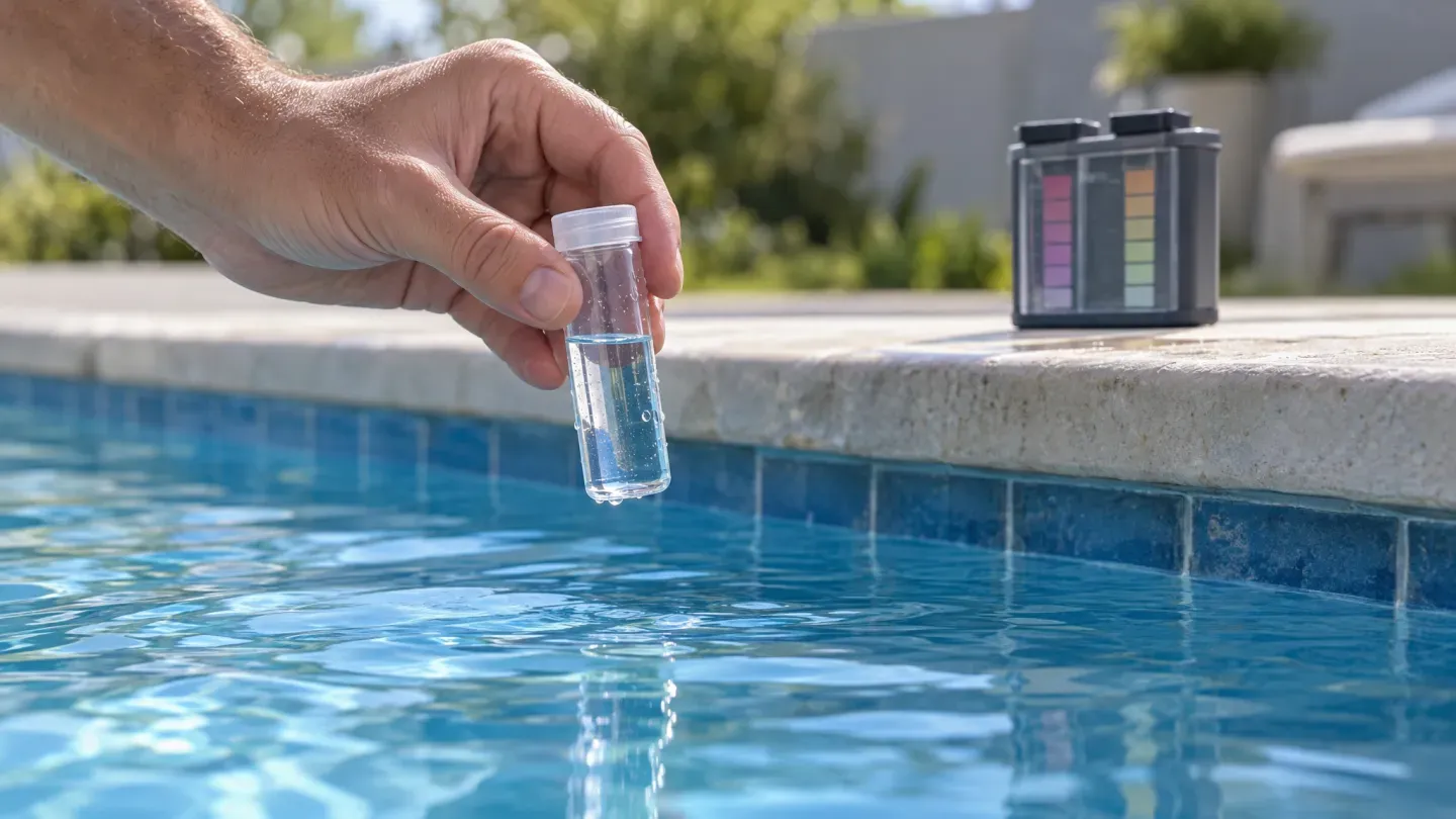A hand holding a clear pool-water sample above the pool, with a testing kit on the coping — AI-generated illustration.