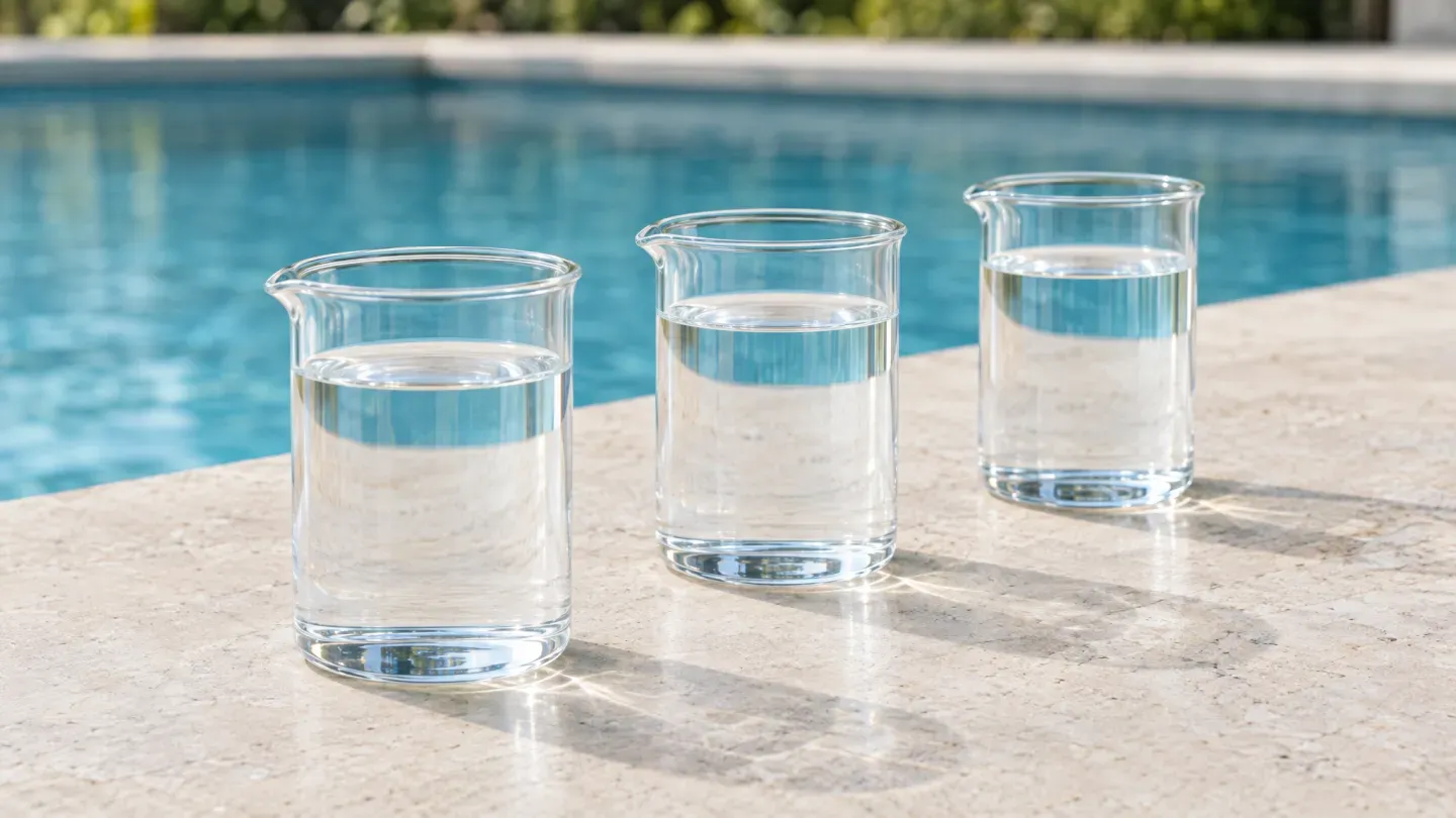 Three identical vessels containing equally clear water beside a pool — AI-generated comparison illustration.
