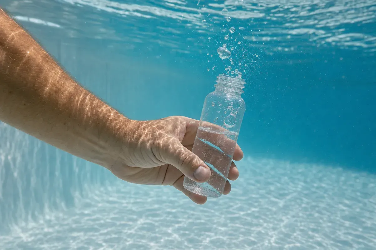 Hand filling a sample bottle with pool water at elbow depth — AI-generated illustration