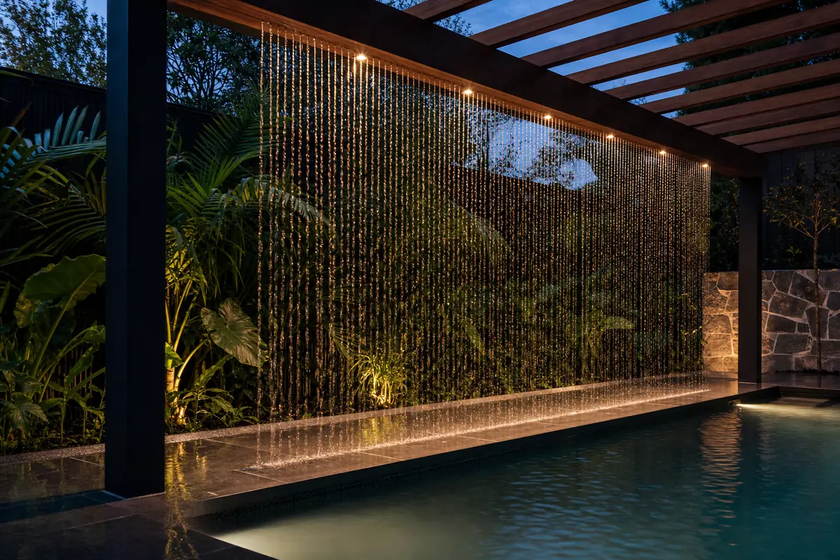 Rain curtain water feature falling from a pergola beam into a pool at dusk