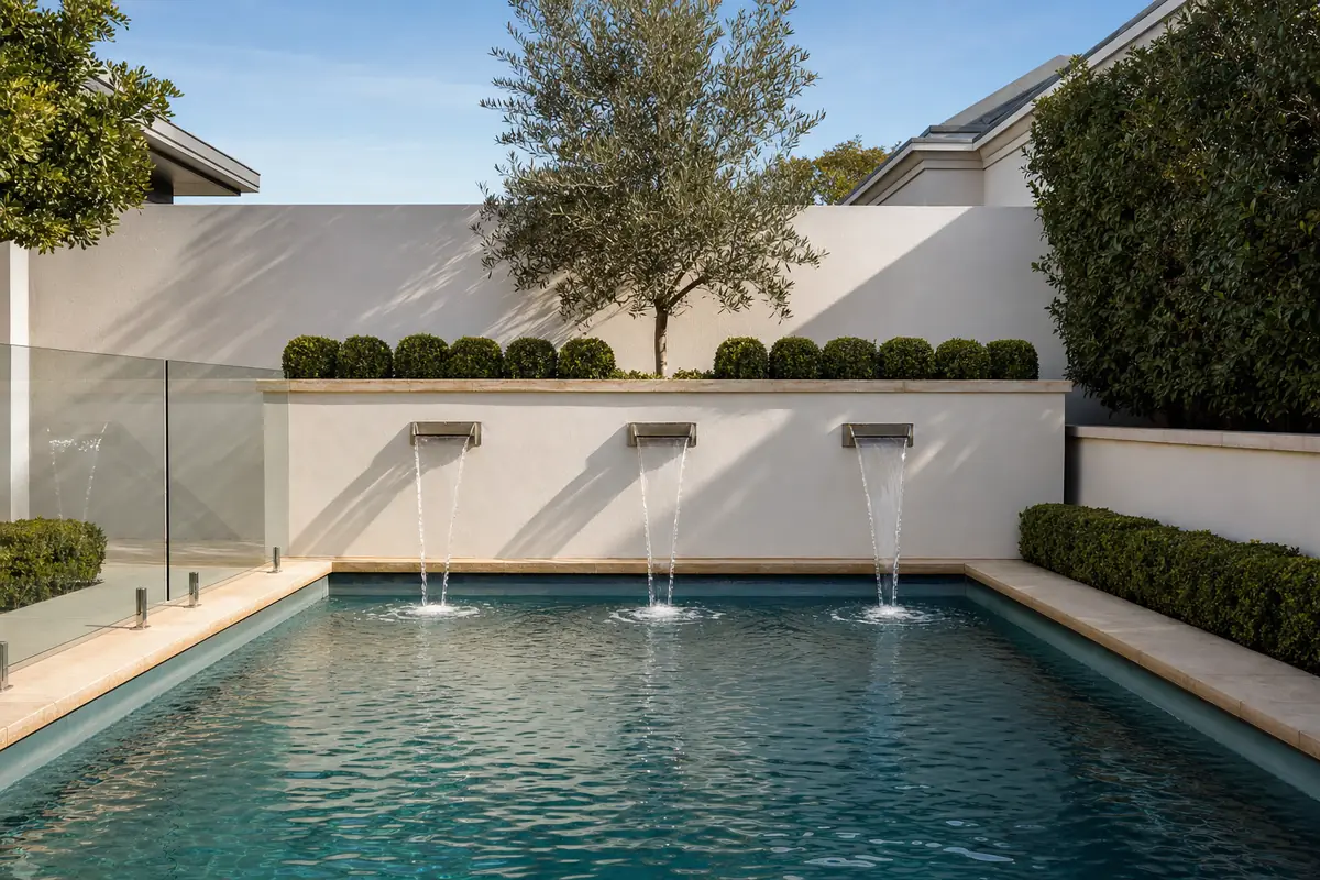 Three stainless steel scuppers pouring water from a rendered wall into a courtyard pool