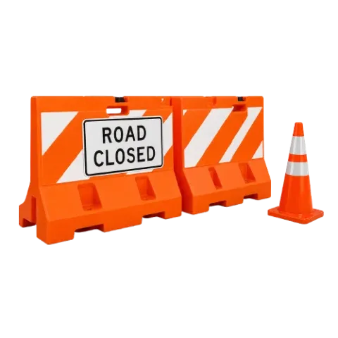 Water-filled road closure barriers with a traffic cone
