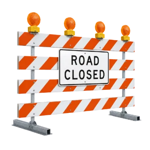 Road closure barrier boards with amber flashing lamps
