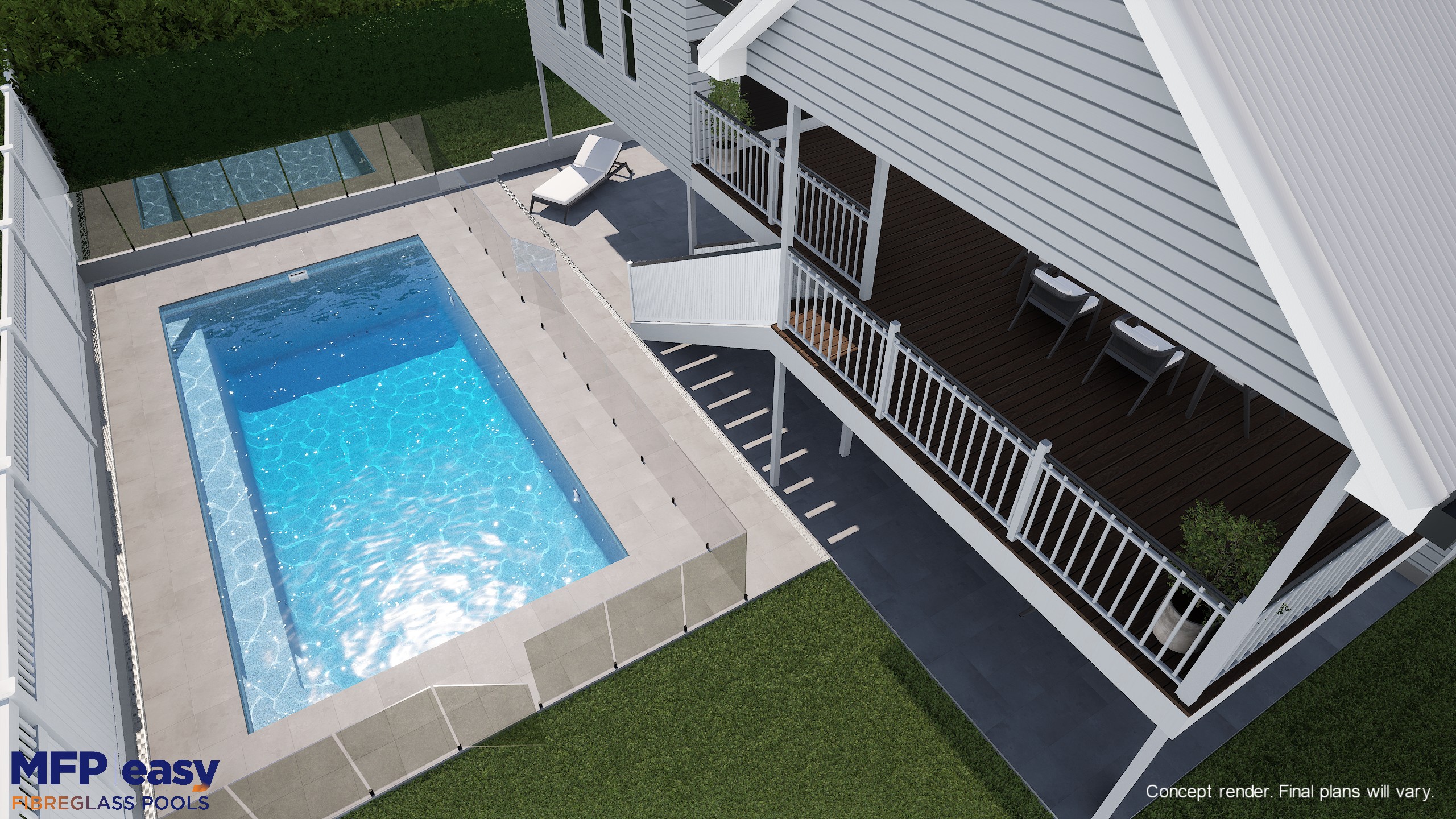 Photorealistic 3D render of a fibreglass pool in a backyard