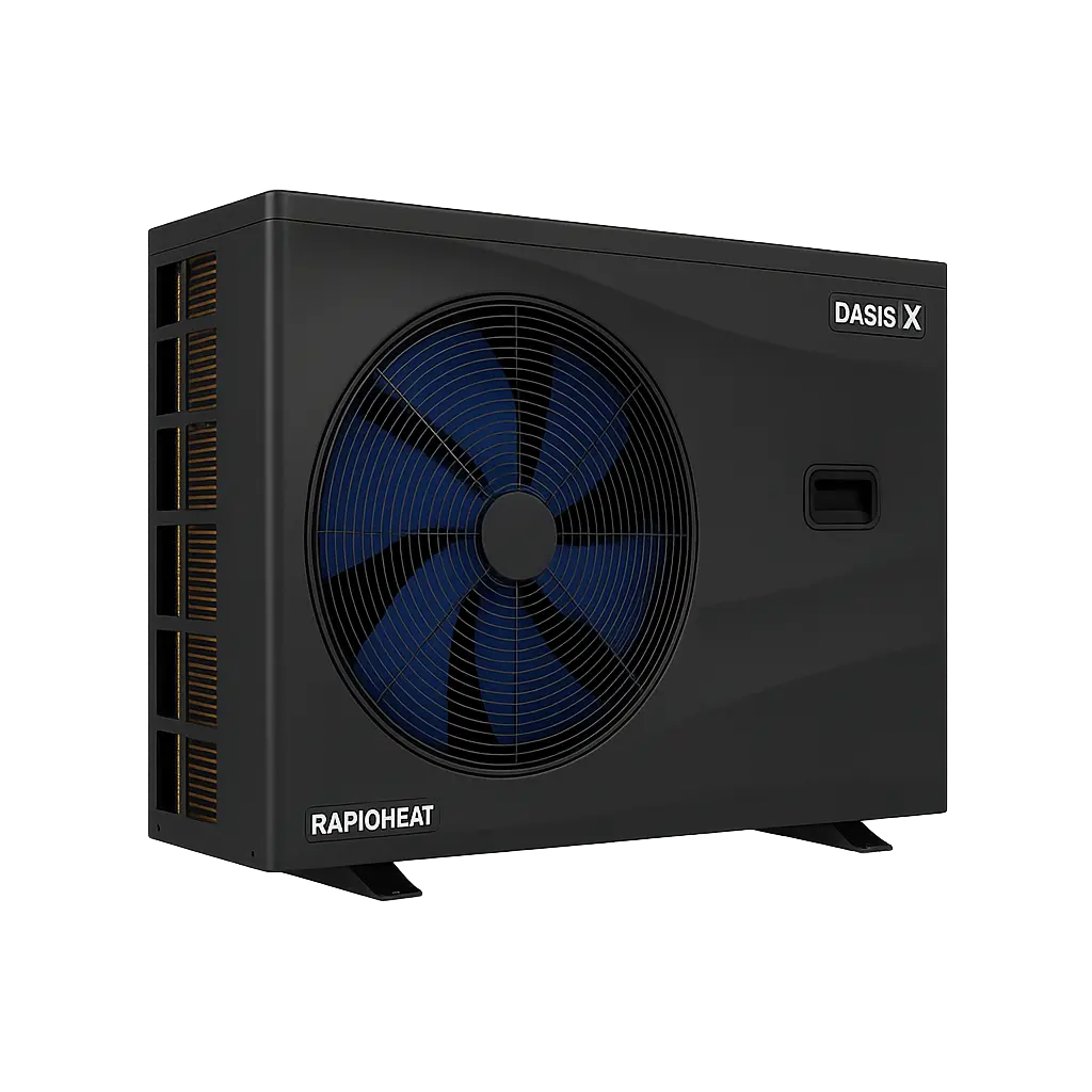 Black pool heat pump with large blue fan and side vents for efficient pool heating