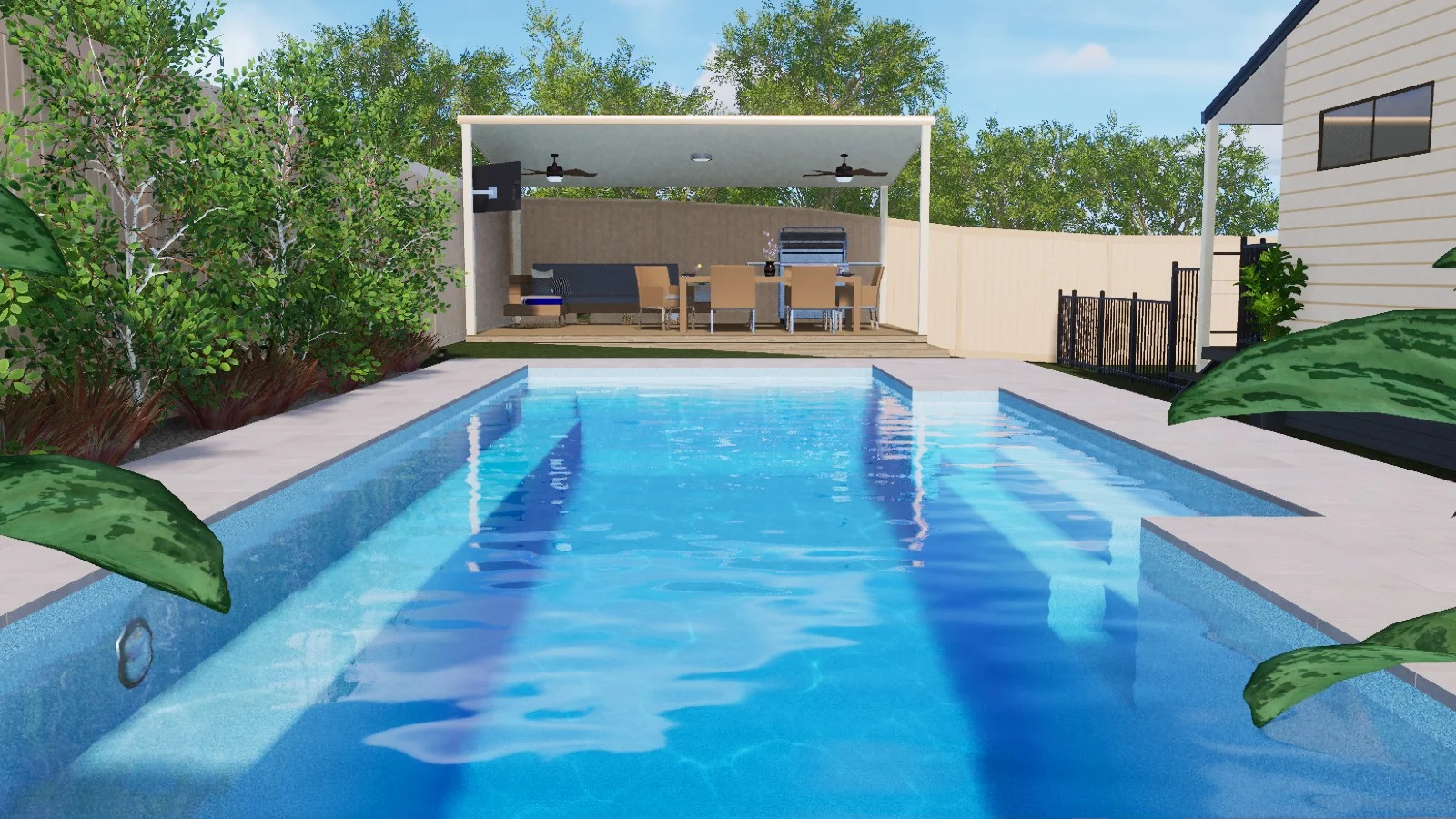 Finished fibreglass pool with stone-look coping, paved surrounds and a covered alfresco area with dining setting