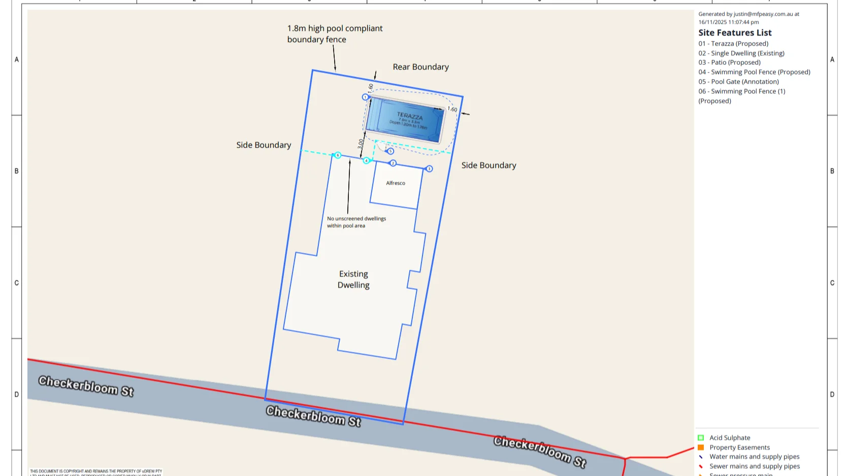 Council approval site plan showing proposed pool, fencing and setbacks for an existing dwelling on Checkerbloom St