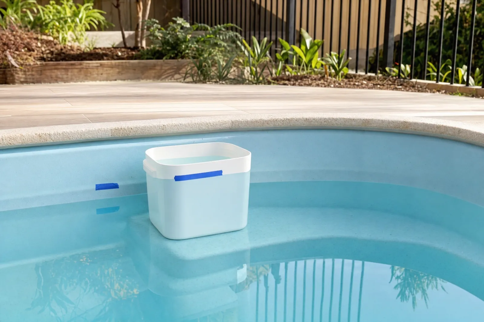Container of pool water standing on a fibreglass pool step with tape marking both water levels for a bucket test — digital visualisation