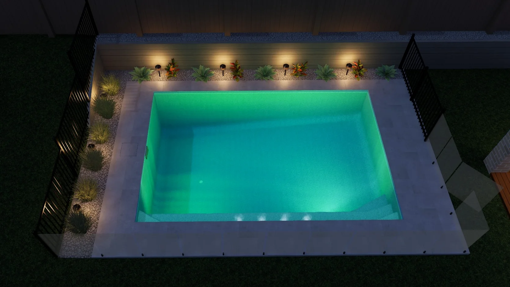 Pool lights casting a green LED glow beneath the waterline of a fibreglass shell at dusk