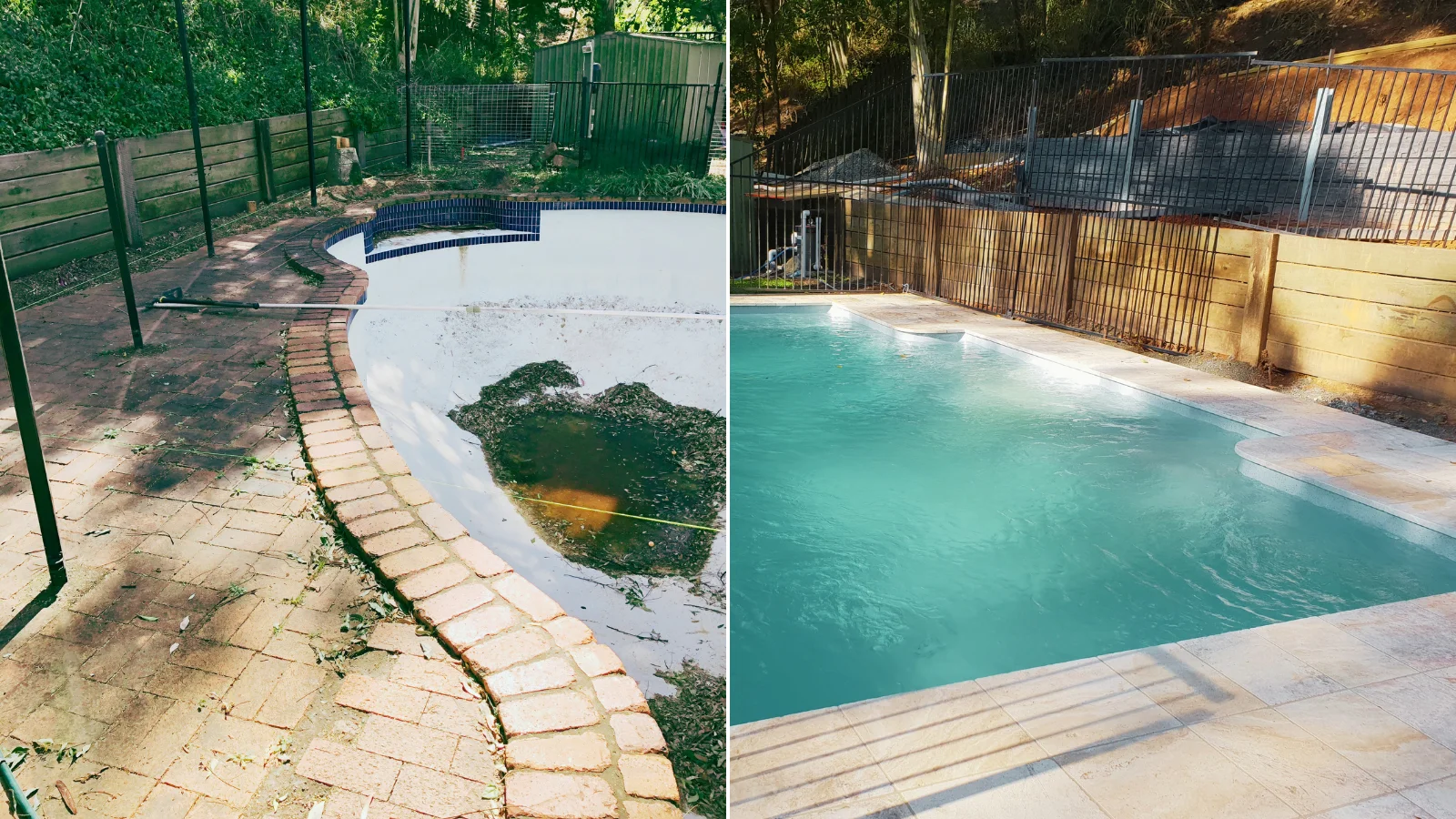 Pool replacement shown as a before and after, from a stripped-out old shell to a finished blue fibreglass pool