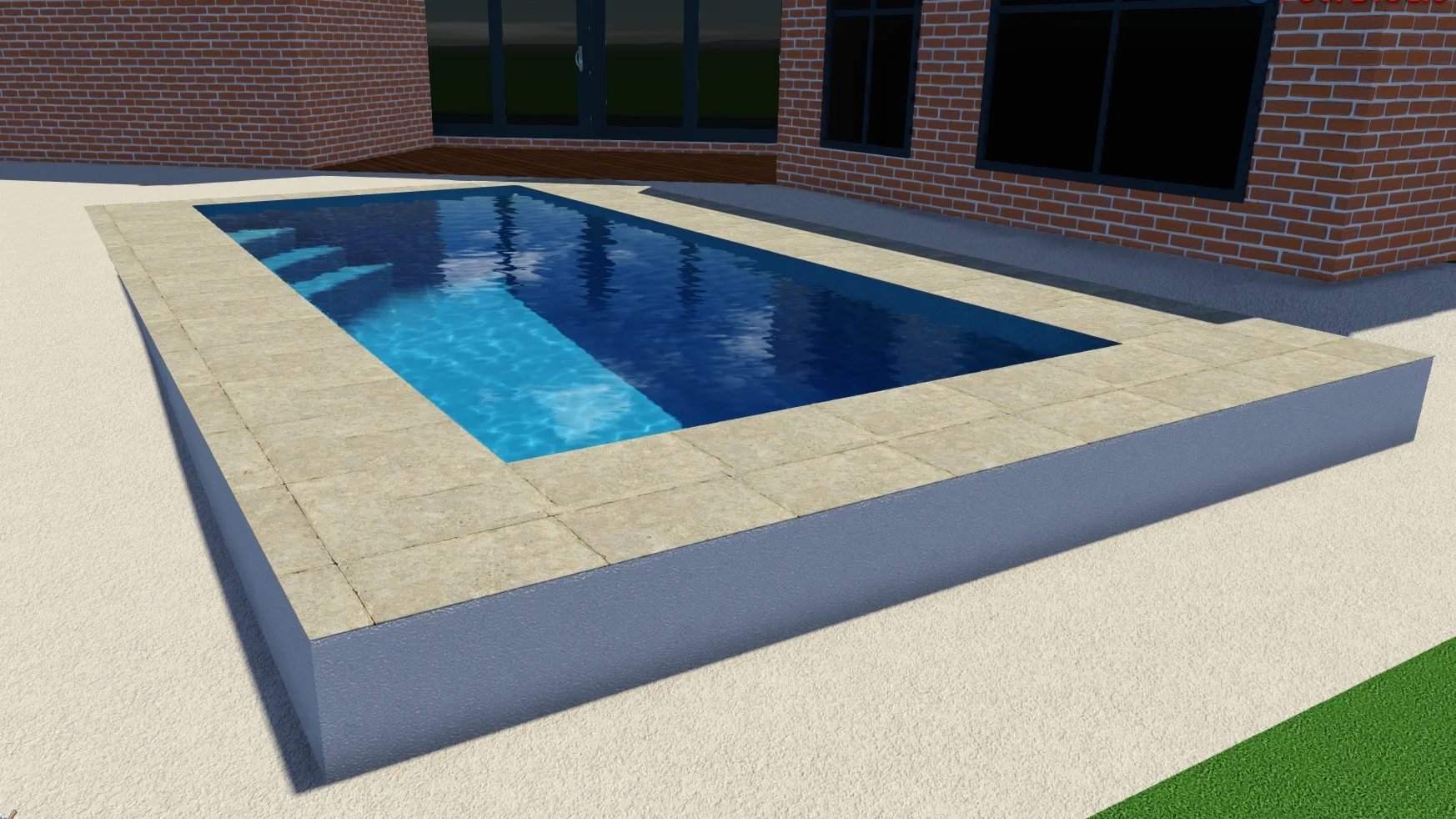 Fibreglass pool on a sloping block with raised paved surround and rendered retaining wall beside a brick home