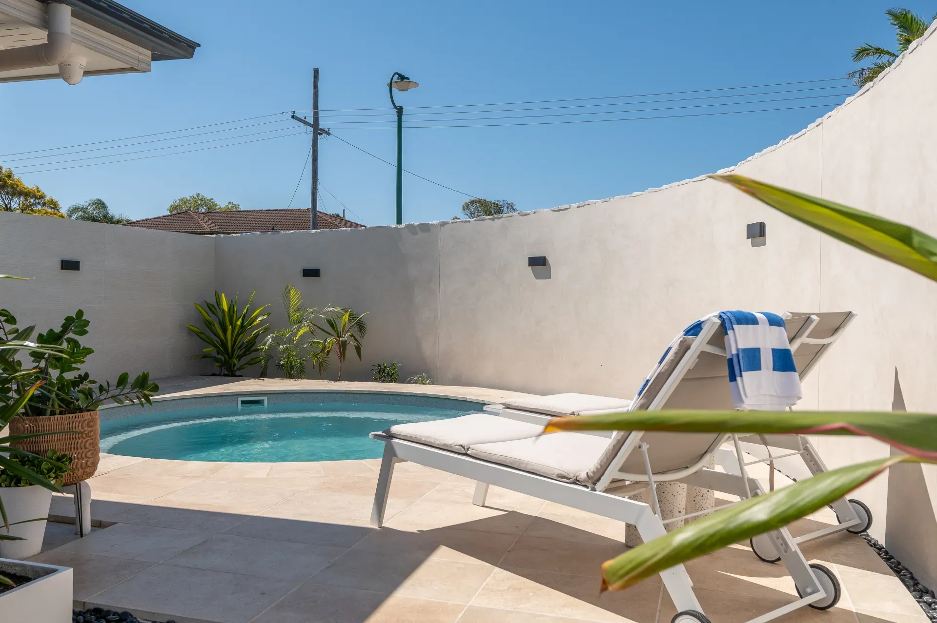 Round fibreglass plunge pool with a perimeter bench in a compact backyard