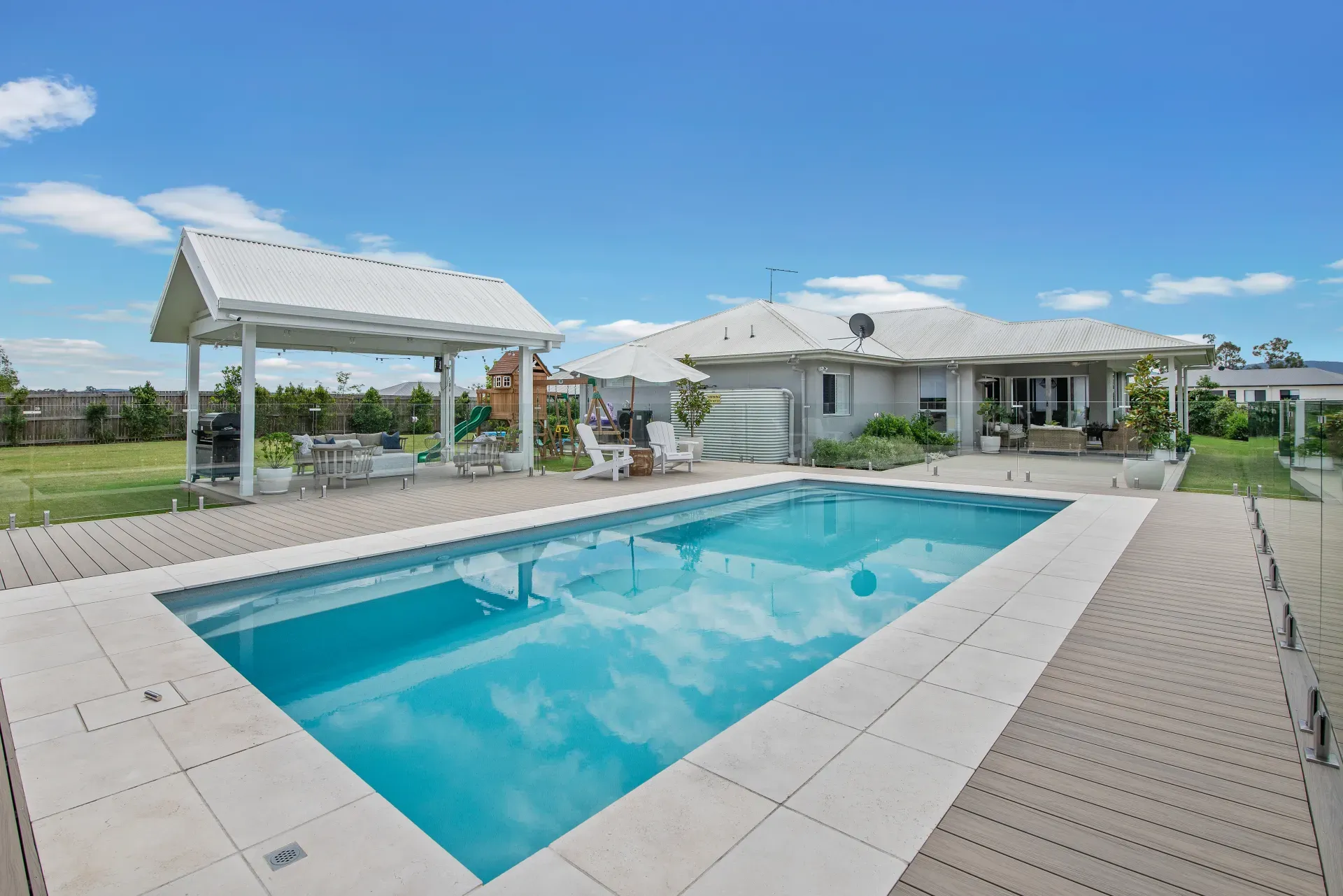 Westminster fibreglass pool in Silver Mist, Brisbane — completed MFP Easy installation